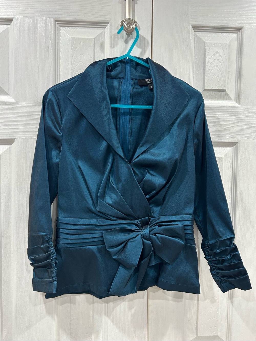 Tadashi Shoji Teal Satin Wrap Blazer with Bow